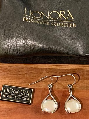 Honora Large Fresh Water Pearl And Sterling Silver Earrings IOB With Tags
