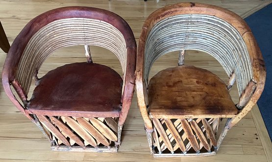 Pair Of Vintage Mexican Equiple Twig Back Leather Trim And Seat Chairs (as Is)