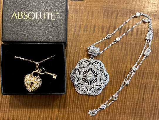 Joseph Esposito CZ And Sterling Silver Pendant Necklace And Absolute Gold Tone 925 Lock & Key Necklace