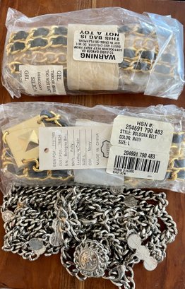 2 Bellini Bologna Leather W Chain Ladies Size L Belts NIP - Vintage Silver Tone Metal TM 3 Strand Belt Size L