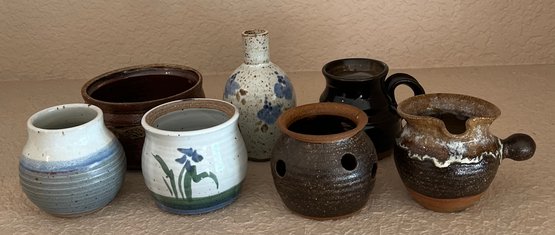 (7) Assorted Pieces Of Studio Pottery - Bowls, Creamers, Candle Holder, And Vase