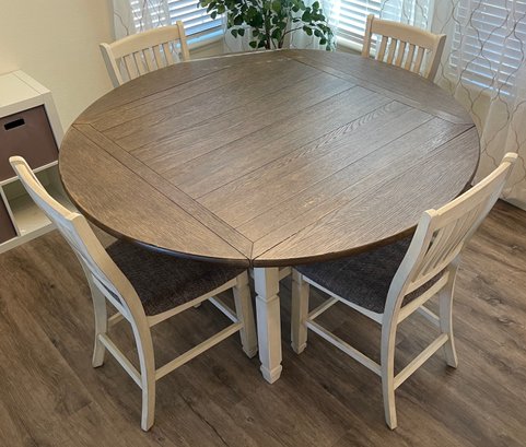 Ashley Fine Furniture 2 Tone White And Wood Pub Style Drop Leaf Dining Table With 4 Matching Chairs