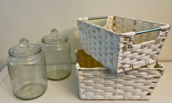 2 White Faux Wicker Baskets, 2 Glass Lidded Storage Jars