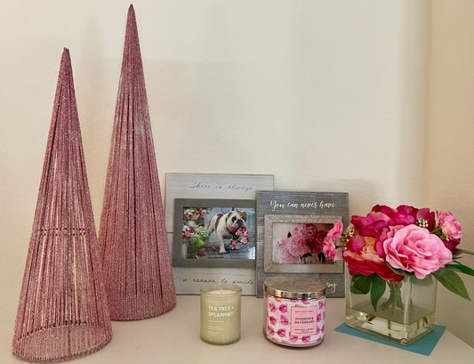 2 Pink Trees, Faux Flowers, 2 Pictures, And 2 Scented Candles