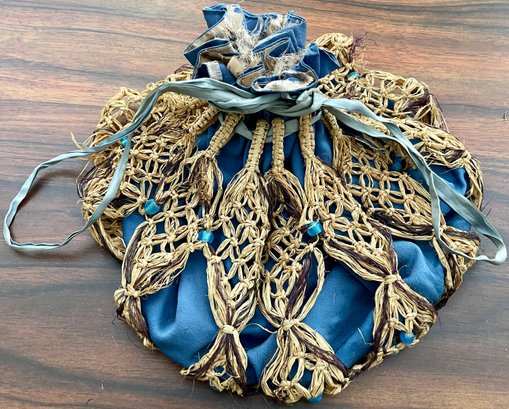 Antique Blue Silk And Hand Woven Rafia Beggars Bag (as Is)
