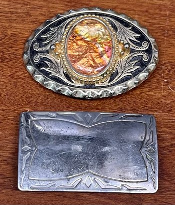 (2) Vintage Belt Buckles - Brass With Agate Inlay & Justin Nickle Silver
