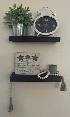 Pair Of 15.75' Floating Shelves With Decor - Old Town Clock, Faux Plant, Good Friends Sign, And Candles