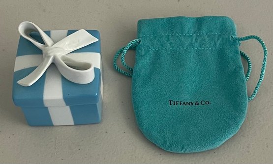 Tiffany And Co. Blue Ribbon Porcelain Trinket Box And Jewelry Bag