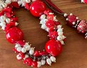 Red Coral - Freshwater Pearl And Bead Vintage Necklace Earrings & Bracelet - Art Glass Necklace & Earrings