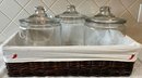 Vintage Basket With Liner And (3) Large Clear Glass Canisters