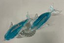 Murano Controlled Bubble Hand Blown Art Glass 8.5'H Blue And Clear Dolphins