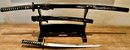 Vintage Seki Japan (2) Katana Swords With Metal Blades - Black Lacquer Stand & Holders With Gold Dragons