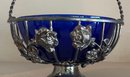 Vintage Silver Plate Rose Pattern Basket Dish With Cobalt Blue Insert