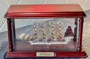 USS Constitution Art Glass Ship In Cherry Wood Shadow Box