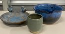 (3) Pieces Of Studio Pottery - Dean 1990 Bowl, Bird Bath Bowl, And Cup
