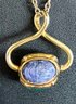 Vintage Gold Tone Carved Scarab 3 Sided Pendant - Carnelian - Jadeite & Blue Lapis