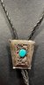 B Yazzie Sterling Silver And Turquoise Bolo Tie With Black Leather Braided Strap And Sterling Tips