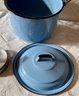 Vintage Blue Enamel Bucket With Lid, Large Aluminum Pan, And A William Sanoma Burger Grill