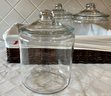 Vintage Basket With Liner And (3) Large Clear Glass Canisters