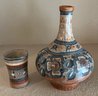 Vintage Signed Mexico Pottery Vase With Matching Cup - Signed JP