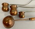 (3) Copper And Brass Spirits Scoops - Rum, Whiskey, And Brandy - And (1) Copper Scoop With Wood Handle