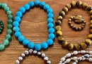 Stone & Freshwater Pearl Stretch Bracelet Lot - Jadeite - Turquoise - Tiger's Eye - Agate - Malachite Ring