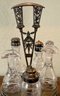 Antique Victorian Silver Plate Condiment Set With Etched Crystal Cruets (as Is )