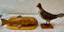 Carl Forslund Carved Painted Wood Grouse And Hand Carved Trout On Base (as Is)