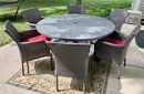 Faux Wicker Patio Set - Round Table And 6 Chairs With Red Cushions