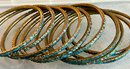 10 Vintage Turquoise Inlay Brass Bangle Bracelets Stamped India (as Is)