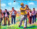 Vintage Original Oil Painting Signed Golfers In Gold Frame From The John Elway Golf Tournament