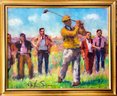 Vintage Original Oil Painting Signed Golfers In Gold Frame From The John Elway Golf Tournament