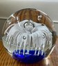 Hand Blown Cobalt Blue And White Fountain Art Glass 3.5' Paperweight
