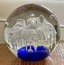 Hand Blown Cobalt Blue And White Fountain Art Glass 3.5' Paperweight