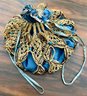 Antique Blue Silk And Hand Woven Rafia Beggars Bag (as Is)