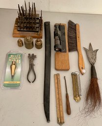 Vintage And Antique Wood And Metal Lot - Punch Set, Brass Weights, Letter Holder, Tape Measure, And More