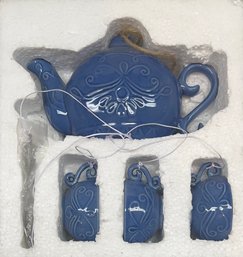 Blue Ceramic Decorative Teapot And Cup Chime