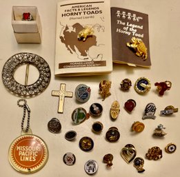 Vintage & Antique Jewelry & Pin Lot - Veterans, Horny Toads, Advertising, Elks, American Legion, & More