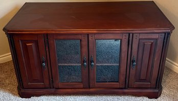 Dark Wood And Veneer Glass Front Media Cabinet With Pull Out DVD Drawers