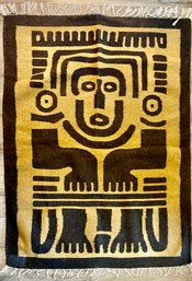 Vintage Mexico Wool Tapestry - Rug Aztec Warrior Motif With Fringe