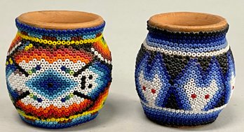 (2) Vintage Small Red Clay Pots Covered With Seed Bead Design