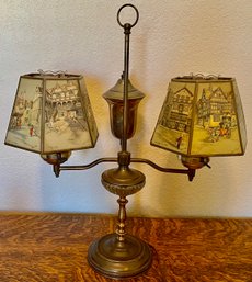 Antique Solid Brass Double Shade Table Lamp With Clyde Cole Print Shades (works)