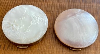 (2) Vintage Brass Solid Pink Shell Top And Etched Mother Of Pearl Compacts