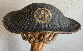 Rare Antique Samurai Woven And Lacquered Jingasa Hat With Gold Crest