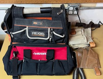 Ridgid And Husky Tool Bags With (2) Leather Tool Belts