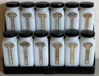 Antique Griffith's Spice Rack With 12 Milk Glass Spice Jars With Lids