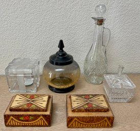 Eclectic Lot Of Glass & Wood - 2 Tramp Art, Sugar Bowl, Crackle Glass Dish, & Decanter