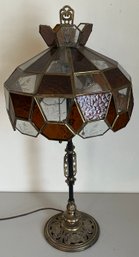 Vintage Brass Double Pull Lamp With Etched Clear And Amber Glass Shade