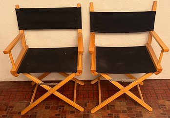 Vintage Pair Of Folding Directors Chairs With Black Material Seat And Back