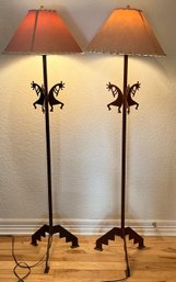 Pair Of Cut Out 60 Inch Kokopelli Style Hide Shade Standing Lamps